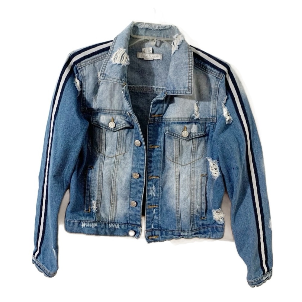 Crave Fame Medium Wash Distressed Button Front Jean Jacket Stripes Down Sleeves